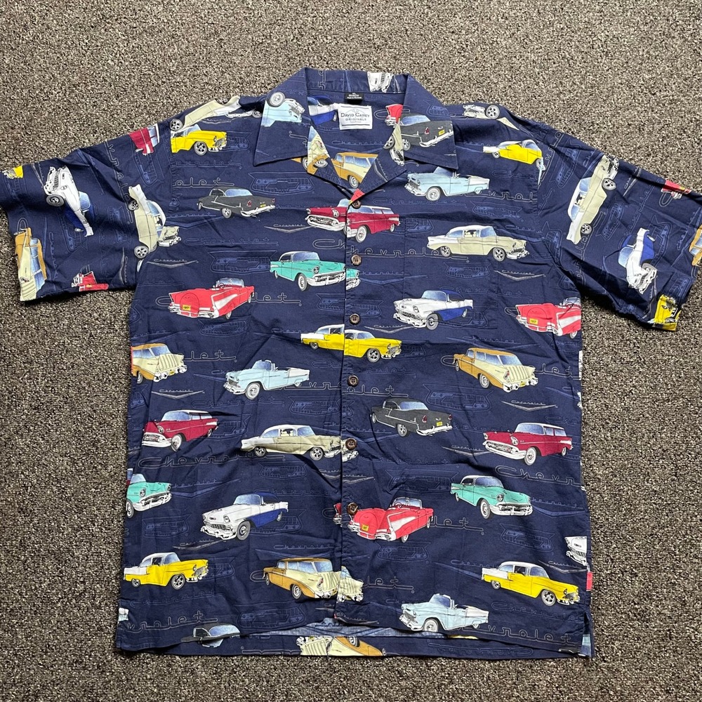 David Carey Originals Mens XL Chevrolet Classic Car Print Camp Shirt Navy Blue